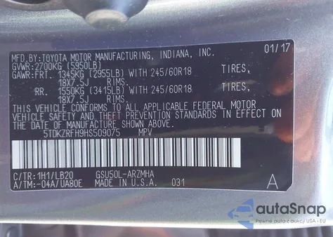 2017 Toyota Highlander Xle from USA, damaged, VIN 5TDKZRFH9HS509075